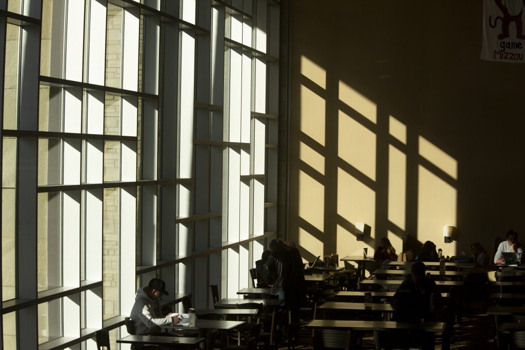 Light shines through the windows of the MU Student Center
