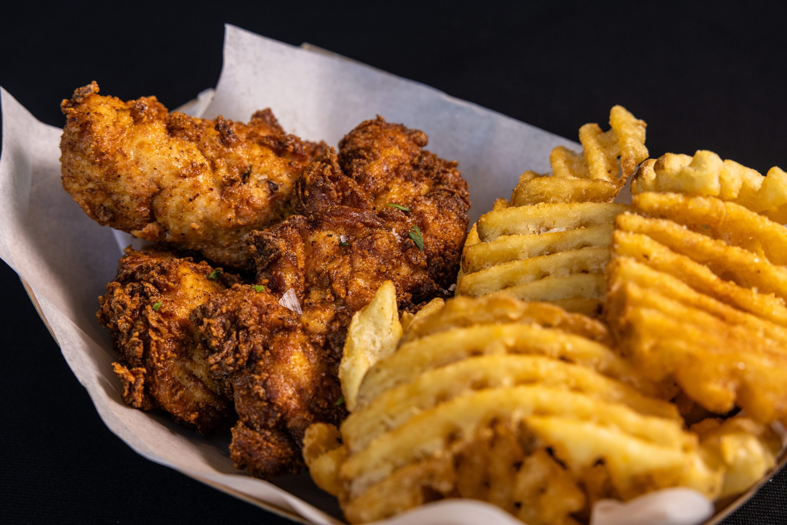 Chicken tenders and waffle fries at Mort's in the MU Student Center