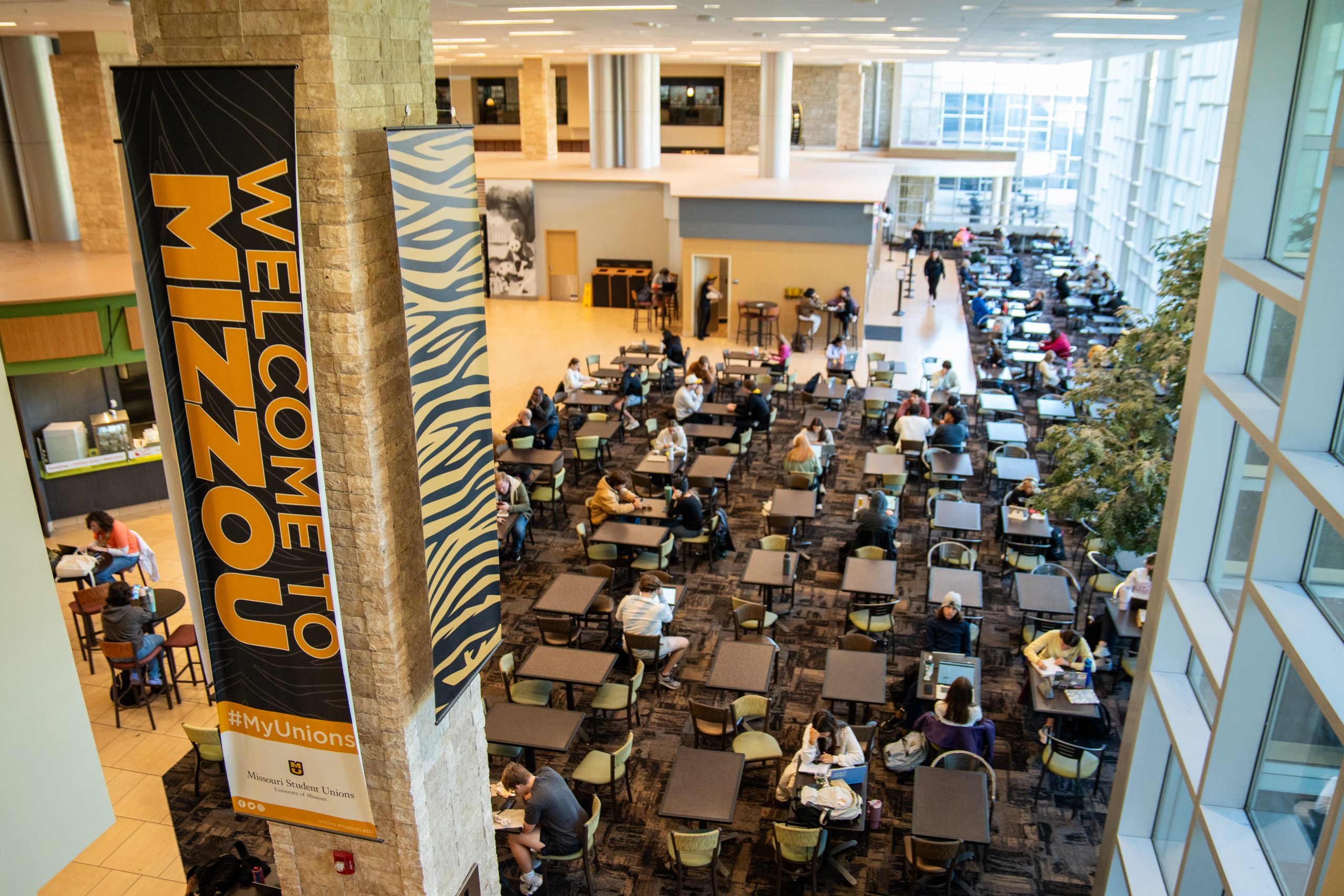 Banners hang inside the MU Student Center