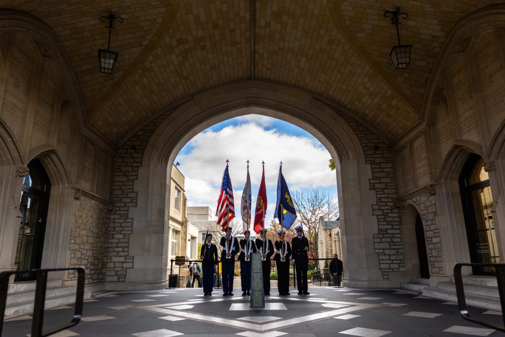 A wreath-laying ceremony under the archway of the Memorial Student Union on Veterans Day