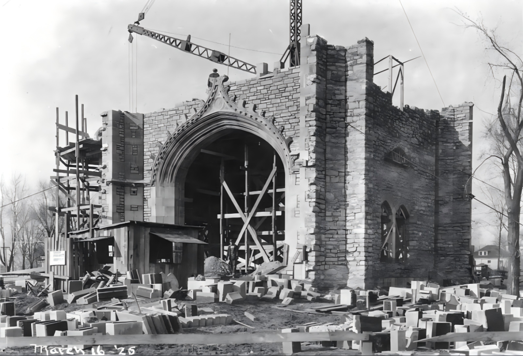 A view of the Memorial Student Union Tower under construction from the southwest in 1925
