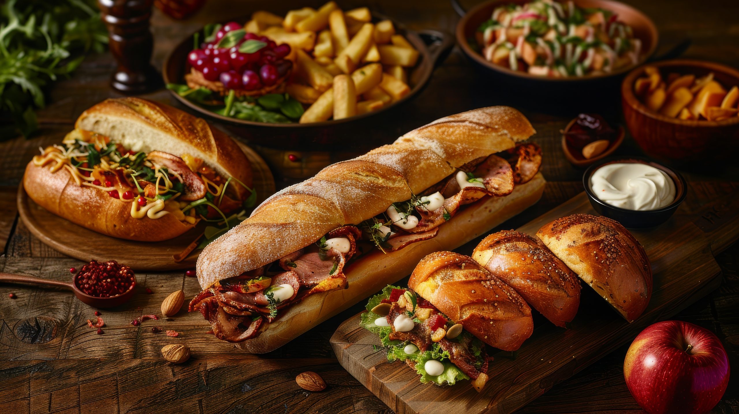 A variety of sandwiches, salads and sides