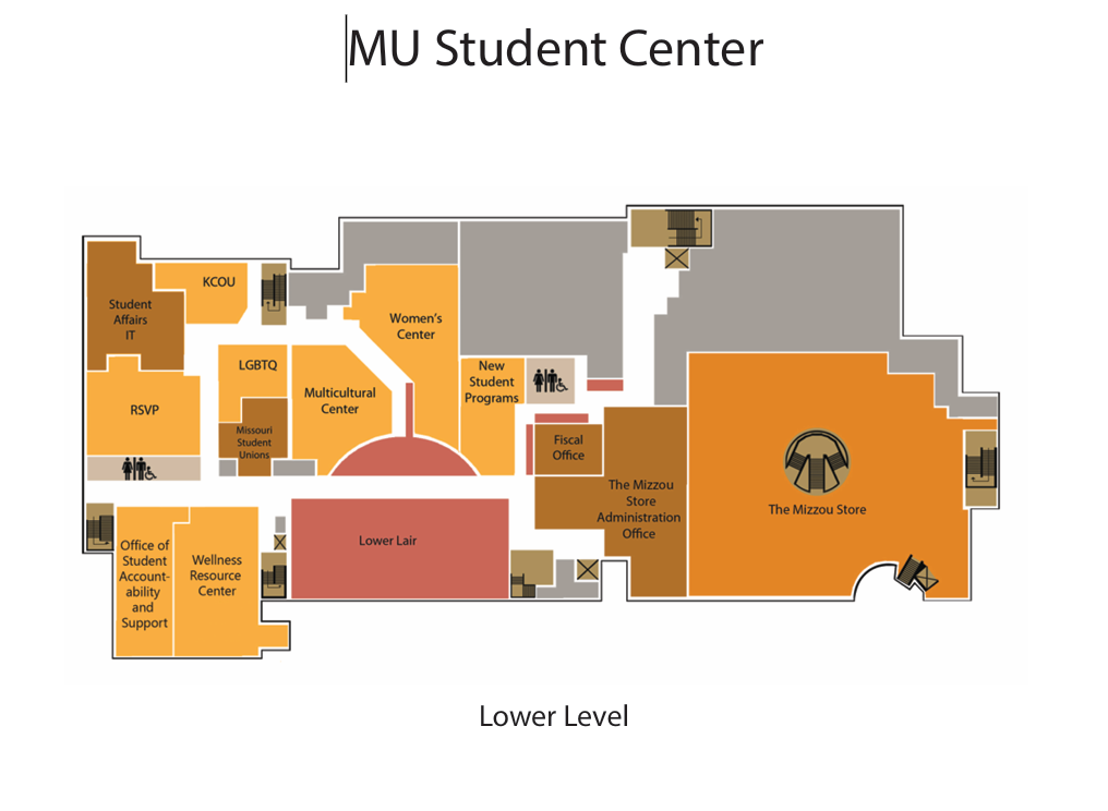 Map showing the lower level of the MU Student Center