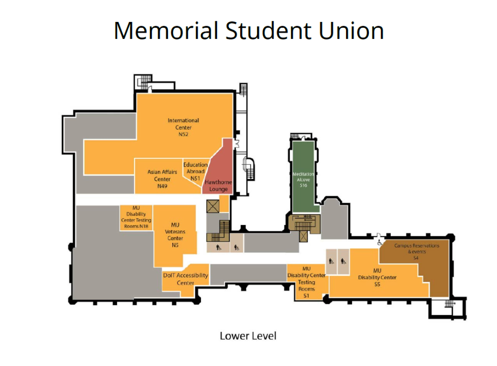 Map showing lower level of Memorial Student Union