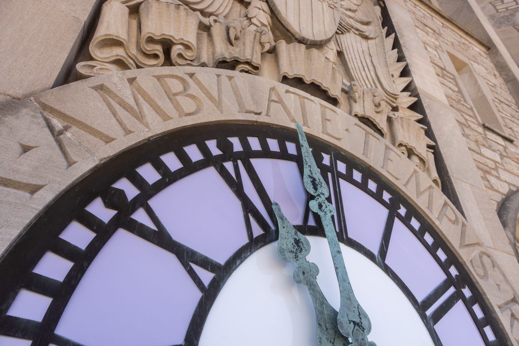 A close-up photo of the clock on the Memorial Student Union Tower