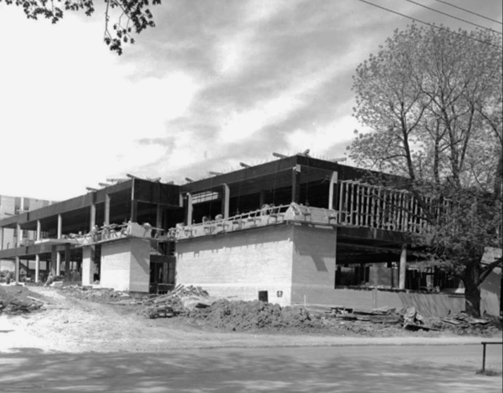 Black and white photo of the MU Student Center's construction from May 4, 1962